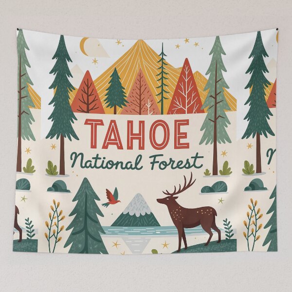 Item preview, Tahoe National Forest Poster – Whimsical Nature Landscape with Deer and Moon designed and sold by Witsprings.