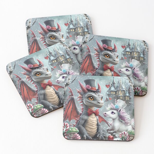 Item preview, Whimsical Dragon and Unicorn in Magical Winter Wonderland Fantasy Art designed and sold by ArtisticDesignsbyLinda.