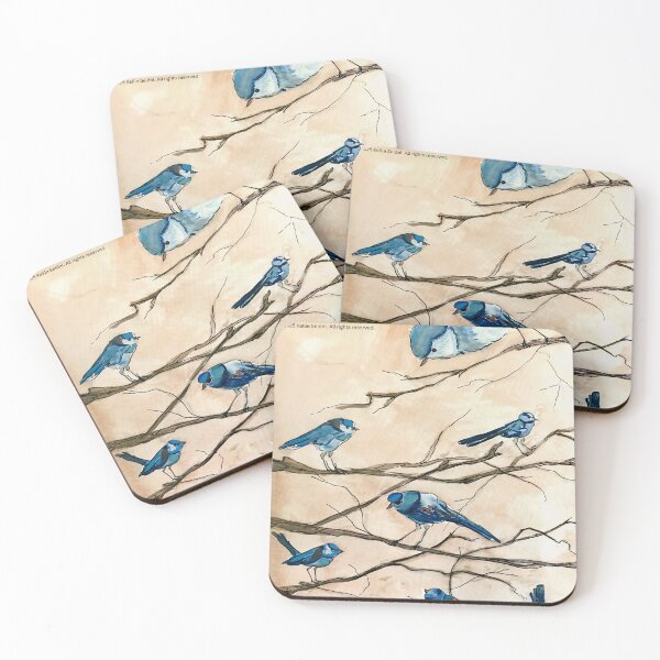 Item preview, Blue Wrens on Branches – Australian Watercolour Bird Illustration designed and sold by ArtwithKellie.