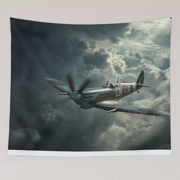 Item preview, Battle of Britain Spitfire Battling Storm Clouds Above the Countryside designed and sold by Skyframe Aviation.