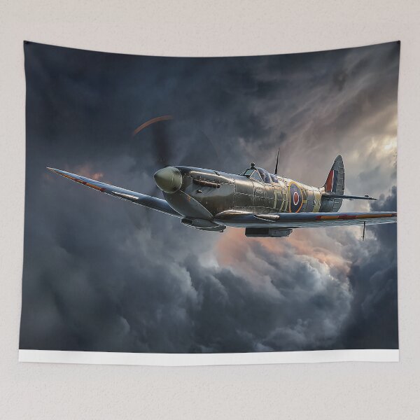 Item preview, Supermarine Spitfire Soaring Through Low Clouds Above the Countryside designed and sold by Skyframe Aviation.