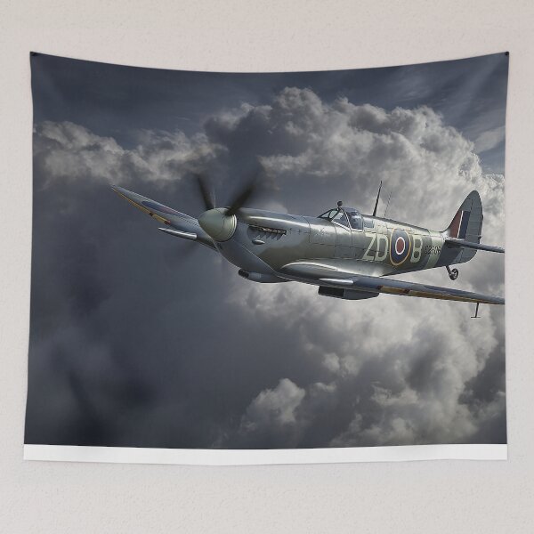 Item preview, Classic Supermarine Spitfire Flying Through Dark Skies Above the Countryside designed and sold by Skyframe Aviation.