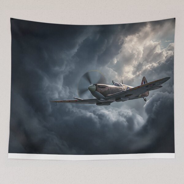 Item preview, Historic Spitfire Soaring Through Rolling Storm Clouds in Low Light designed and sold by Skyframe Aviation.