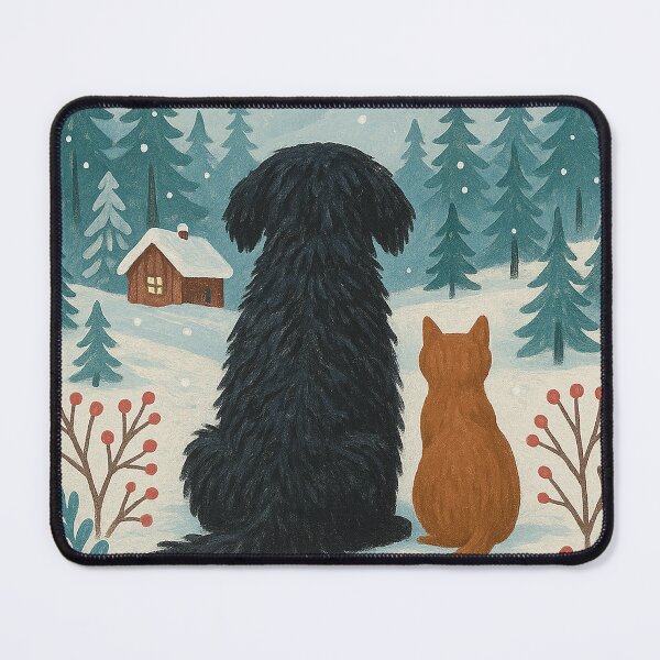 Artikelvorschau, Winter Solstice – Cozy Dog and Cat Watching Snowy Mountains – Whimsical Winter Art Print entworfen und verkauft von WhimsyHeartCrafts - TonnyFroyen.com.
