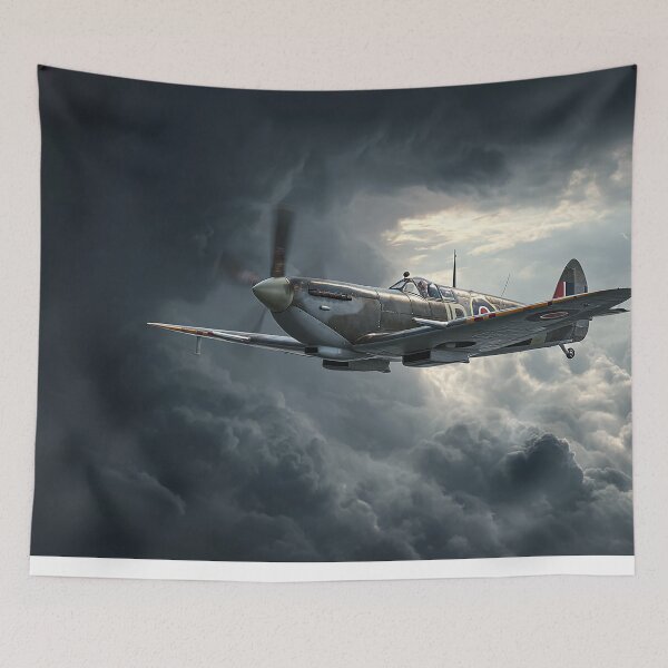 Item preview, British Spitfire In Flight Through Raging Storm Amid Lightning Flashes designed and sold by Skyframe Aviation.