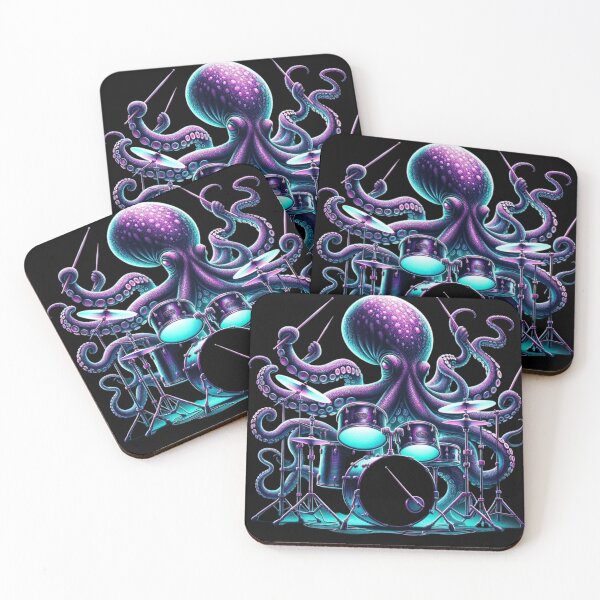 Item preview, Neon Octopus Drummer – Glowing Cyberpunk Drum Solo designed and sold by PrintIdeasArt.