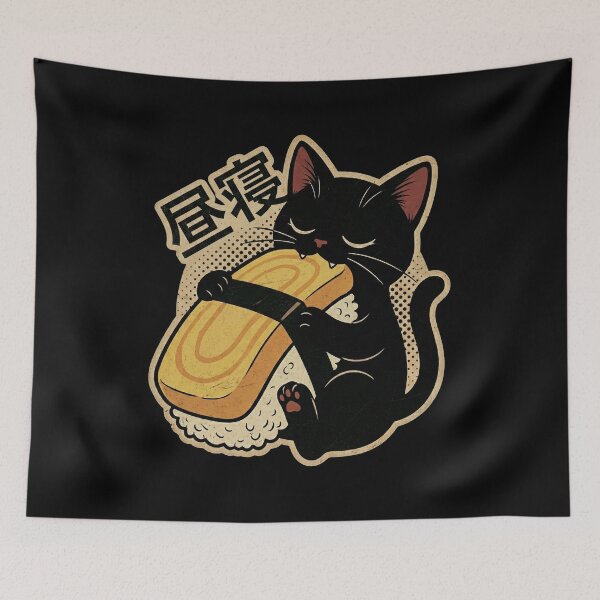 Item preview, Kawaii Black Cat Eating Tamagoyaki Sushi Retro Japanese Naptime Design designed and sold by Bongocomic.