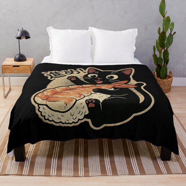 Item preview, Happy Black Cat Sushi Lover Ebi Nigiri - Retro Japanese Food Art designed and sold by Bongocomic.