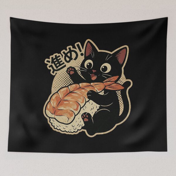 Item preview, Happy Black Cat Sushi Lover Ebi Nigiri - Retro Japanese Food Art designed and sold by Bongocomic.