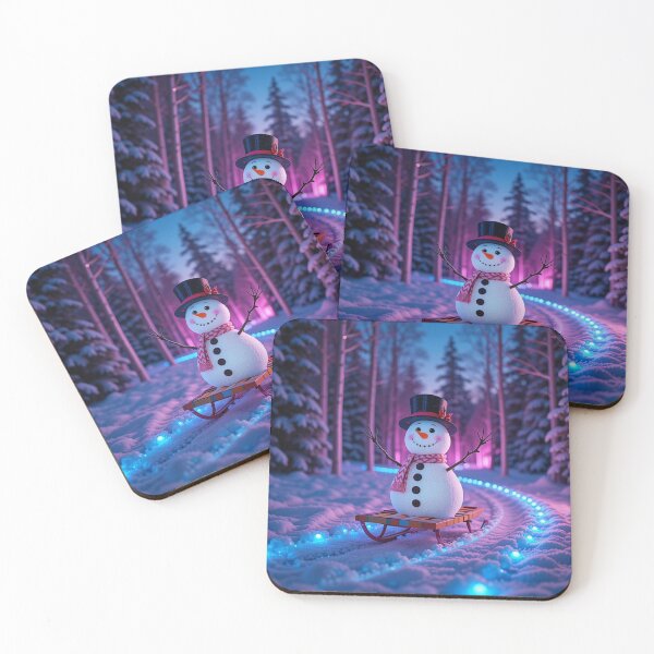 Item preview, Joyful Snowman on a Colorful Sled Along a Glowing Winter Path in a Magical Pink and Blue Forest designed and sold by PixelVibe782.