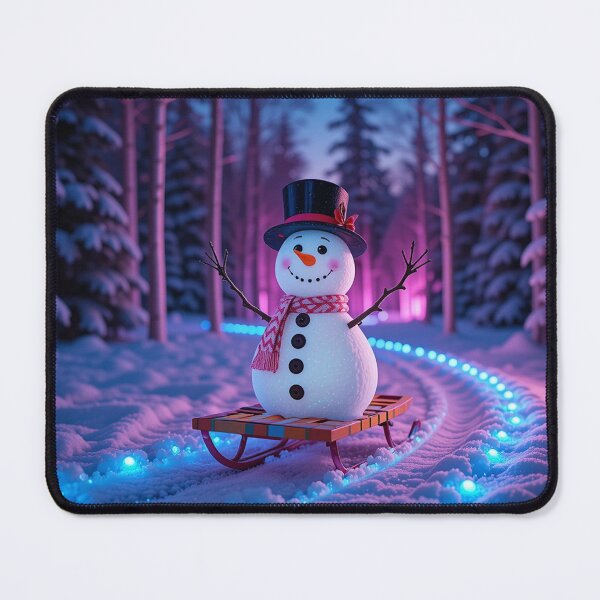 Item preview, Joyful Snowman on a Colorful Sled Along a Glowing Winter Path in a Magical Pink and Blue Forest designed and sold by PixelVibe782.