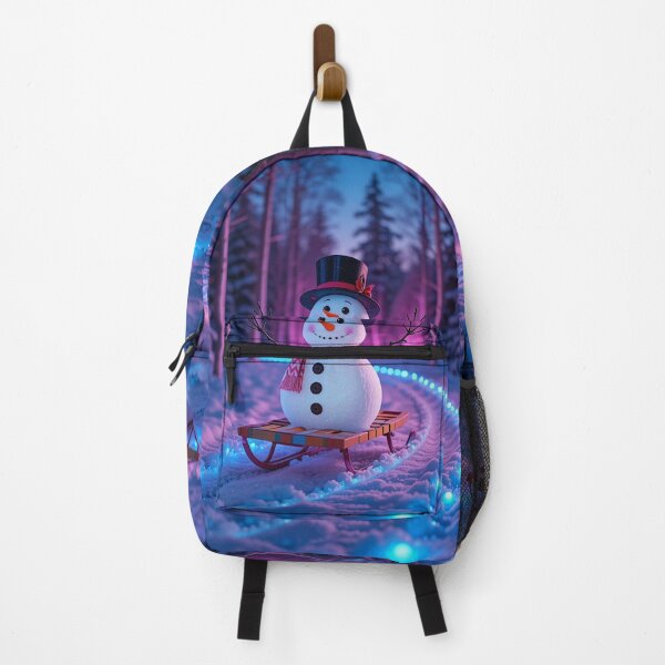 Item preview, Joyful Snowman on a Colorful Sled Along a Glowing Winter Path in a Magical Pink and Blue Forest designed and sold by PixelVibe782.