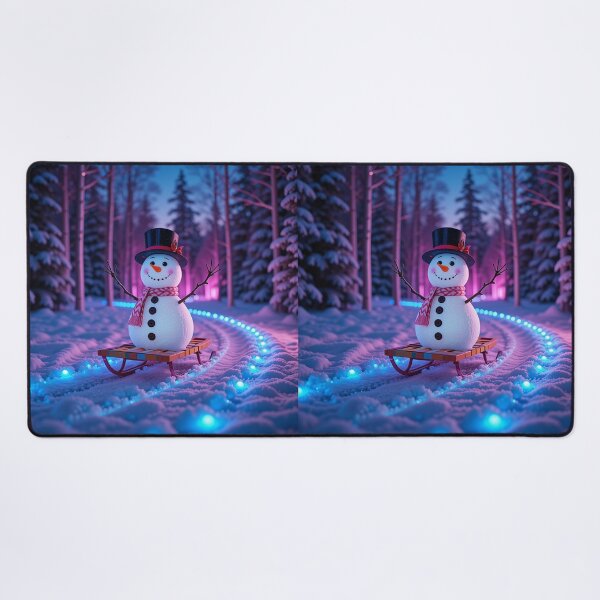 Artikelvorschau, Fröhlicher Schneemann auf einem bunten Schlitten entlang eines leuchtenden Winterpfades in einem zauberhaften rosa-blauen Wald entworfen und verkauft von PixelVibe782.