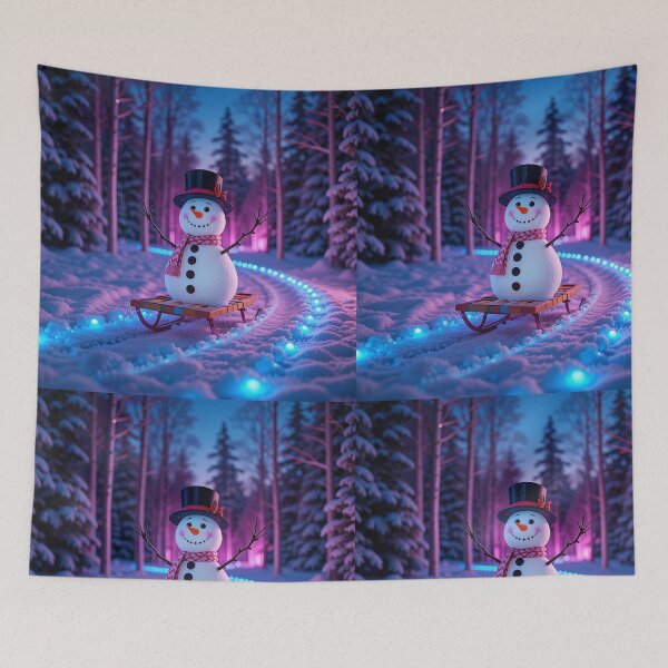 Item preview, Joyful Snowman on a Colorful Sled Along a Glowing Winter Path in a Magical Pink and Blue Forest designed and sold by PixelVibe782.