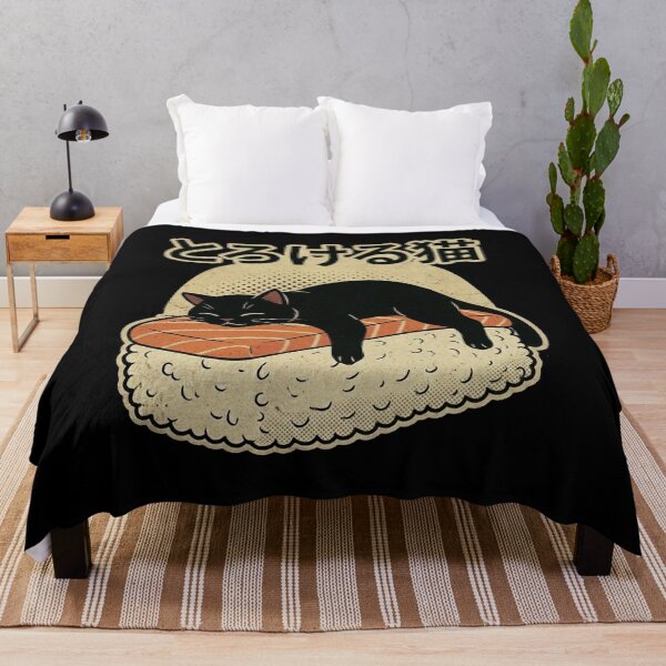 Aperçu de l'œuvre Sushi Nigiri Chat Fondant Adorable Chat Noir Dormant sur Sushi au Saumon Art Gastronomique Japonais Neko créée et vendue par Bongocomic.