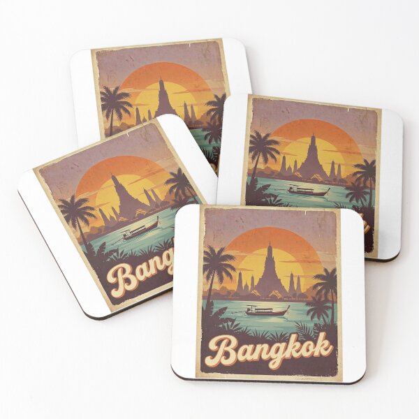 Item preview, Vintage Bangkok Sunset Wat Arun & River Boat Retro Travel Poster designed and sold by EverBranz-stor.