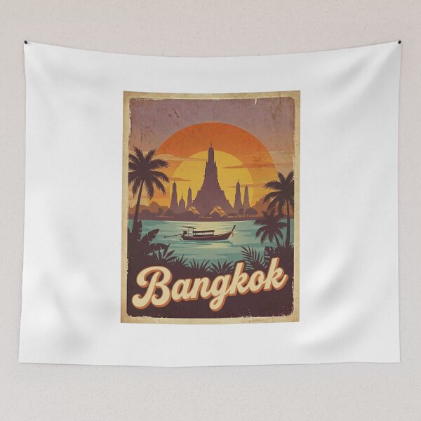 Item preview, Vintage Bangkok Sunset Wat Arun & River Boat Retro Travel Poster designed and sold by EverBranz-stor.