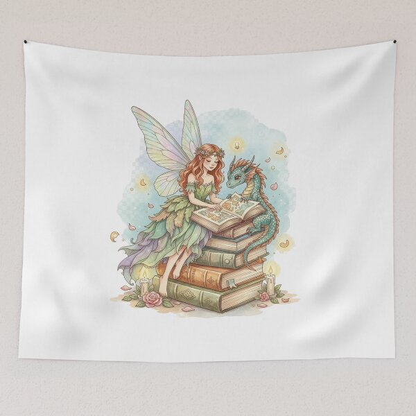 Item preview, Enchanting Amy Brown Inspired Book Fairy Sticker - Whimsical Watercolor Dragon Reading Nook Fantasy Art Print designed and sold by GeniePixel.