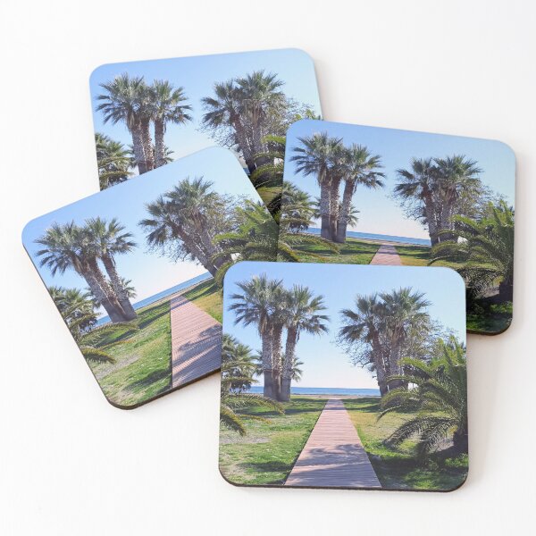 Item preview, Wooden walkway under palm trees to the sea – southern seaside promenade designed and sold by TheArtofHeart.