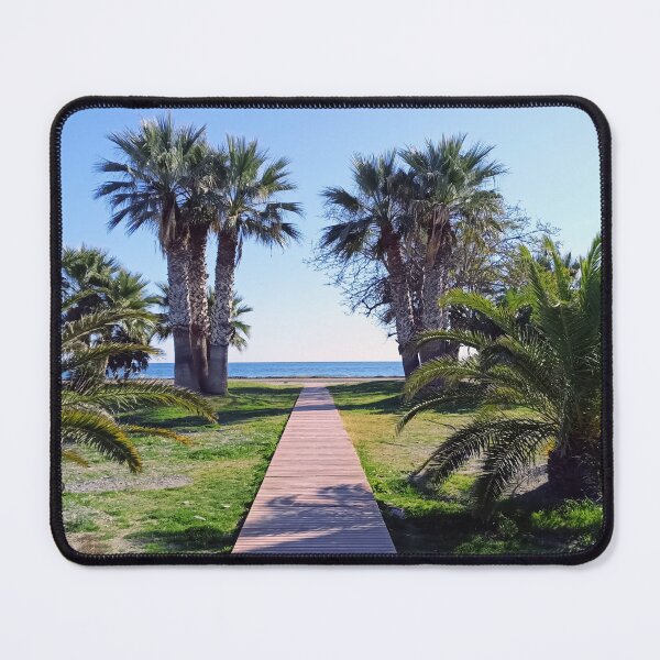 Item preview, Wooden walkway under palm trees to the sea – southern seaside promenade designed and sold by TheArtofHeart.