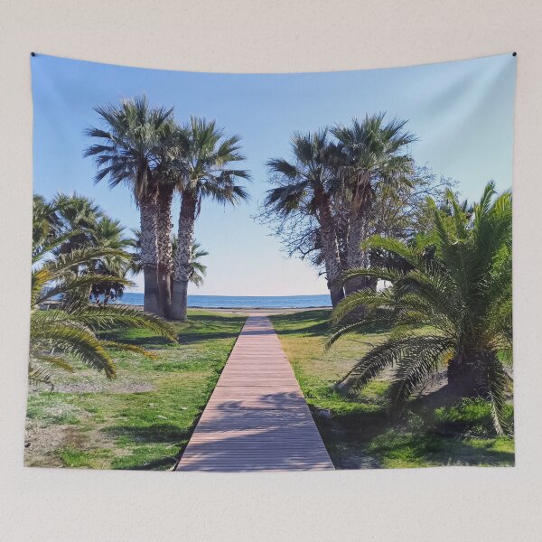 Item preview, Wooden walkway under palm trees to the sea – southern seaside promenade designed and sold by TheArtofHeart.