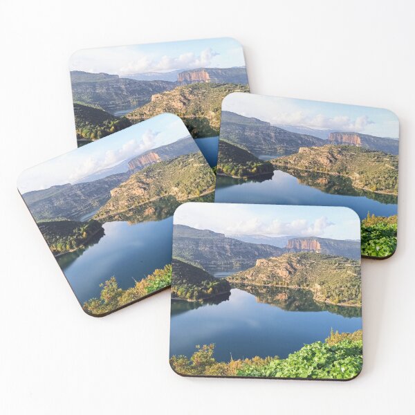 Item preview, View over canyon and reservoir – Pyrenean reservoir reflected in the water designed and sold by TheArtofHeart.