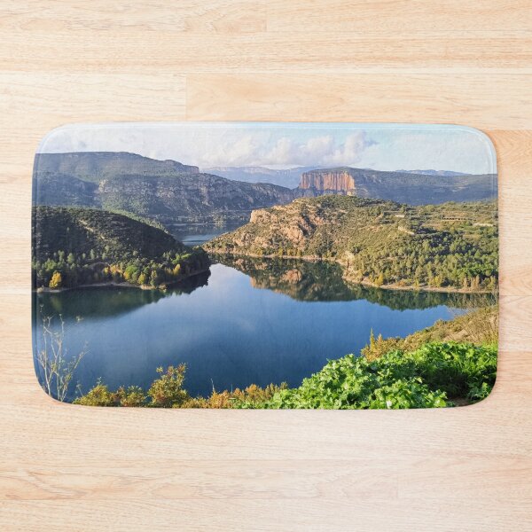 Item preview, View over canyon and reservoir – Pyrenean reservoir reflected in the water designed and sold by TheArtofHeart.