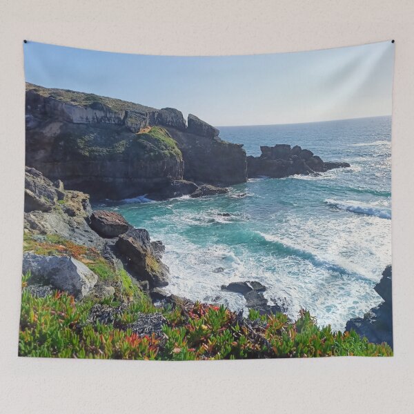 Item preview, Rocky Portuguese coast with wildflowers and white surf designed and sold by TheArtofHeart.