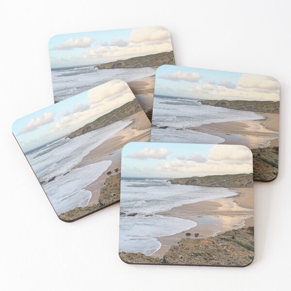 Item preview, Hidden cove on Portugal's coast – river meets sea & cliffs designed and sold by TheArtofHeart.