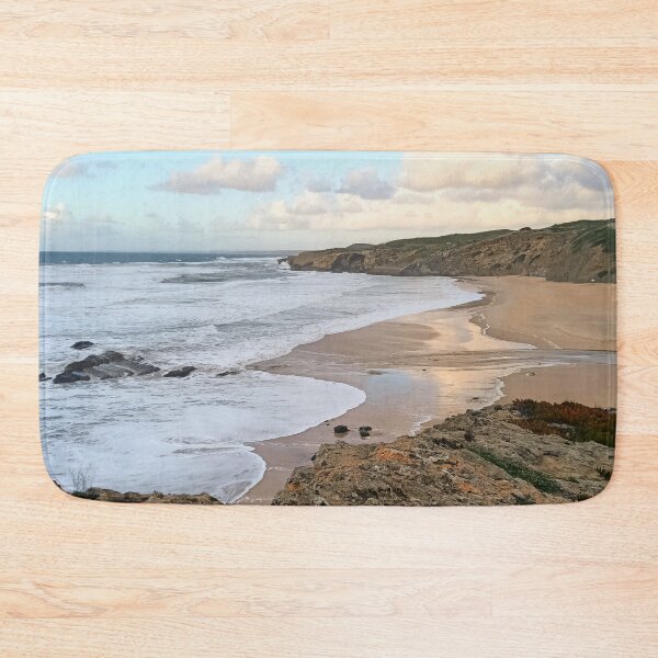 Item preview, Hidden cove on Portugal's coast – river meets sea & cliffs designed and sold by TheArtofHeart.