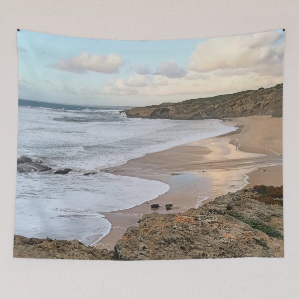 Item preview, Hidden cove on Portugal's coast – river meets sea & cliffs designed and sold by TheArtofHeart.
