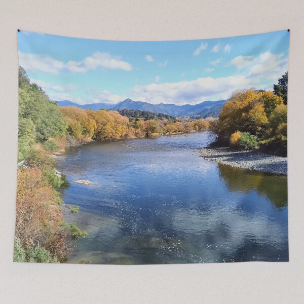 Item preview, Wide river in New Zealand with autumnal trees designed and sold by TheArtofHeart.