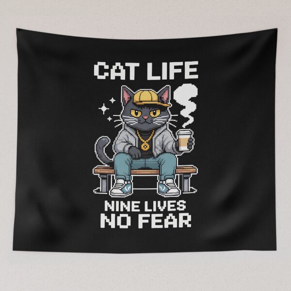 Item preview, Cat Life Nine Lives No Fear Pixel Art Cool Black Cat  designed and sold by ViktoonShirts.