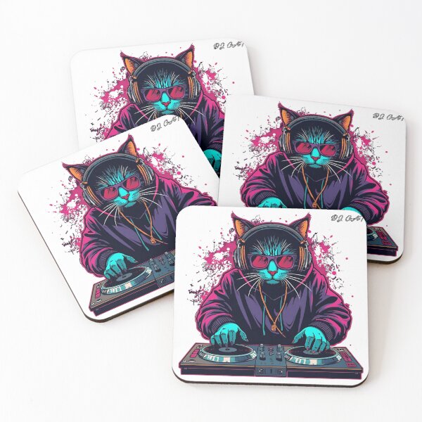 Item preview, Cool Neon DJ Cat Spinning Vinyl in Retro Street Style designed and sold by HeavyFeatherz.