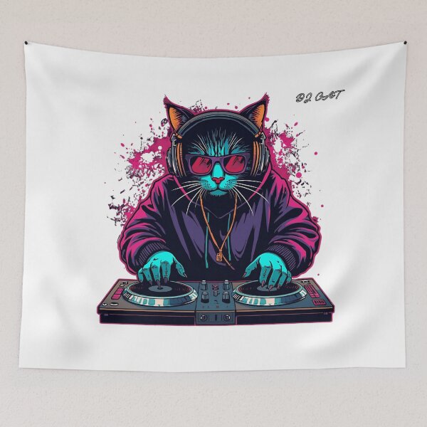 Item preview, Cool Neon DJ Cat Spinning Vinyl in Retro Street Style designed and sold by HeavyFeatherz.