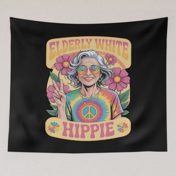 Item preview, Elderly White Hippie Woman Groovy Retro Flower Power designed and sold by SkymarArt.