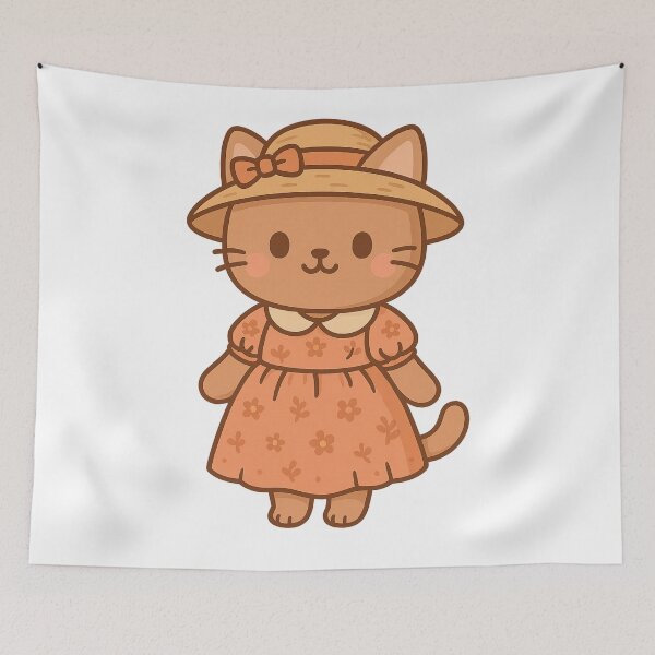 Item preview, Kawaii Cottagecore Cat in Peach Dress – Cute Woodland Art designed and sold by kimkosovo.