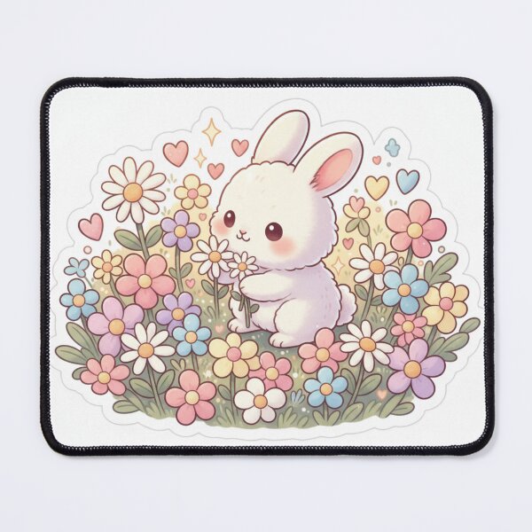Item preview, Joyful Kawaii White Rabbit Holding Daisy in Pastel Flower Meadow designed and sold by MyEz Style.