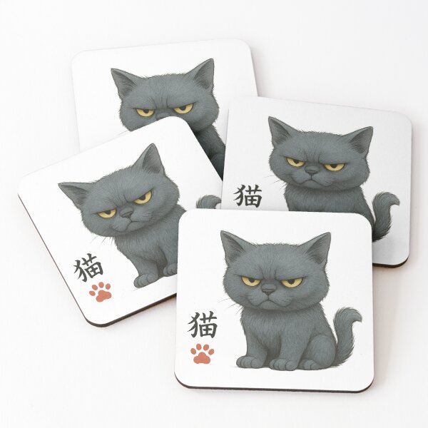Item preview, Grumpy Chartreux Cat | Kawaii Blue-Grey Feline Illustration with Kanji designed and sold by chimchu.