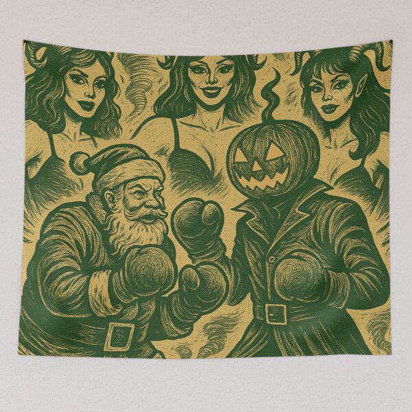 Item preview, Headless Horseman vs Santa with Demon Muses: Retro Boxing Fantasy Art designed and sold by TheHorsemanRidesAgain.