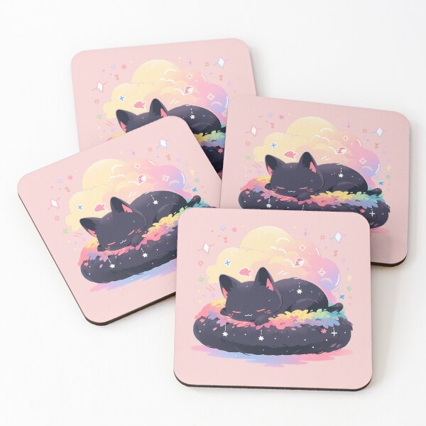 Item preview, Black cat sleeping on the rainbow pillow designed and sold by WoollenLlama.