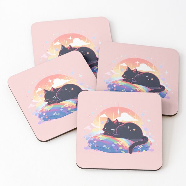 Item preview, Black cat sleeping on the rainbow pillow designed and sold by WoollenLlama.