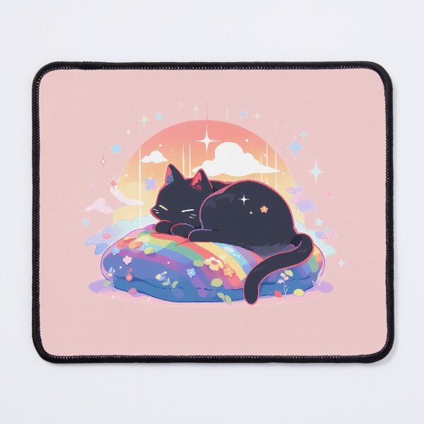Item preview, Black cat sleeping on the rainbow pillow designed and sold by WoollenLlama.