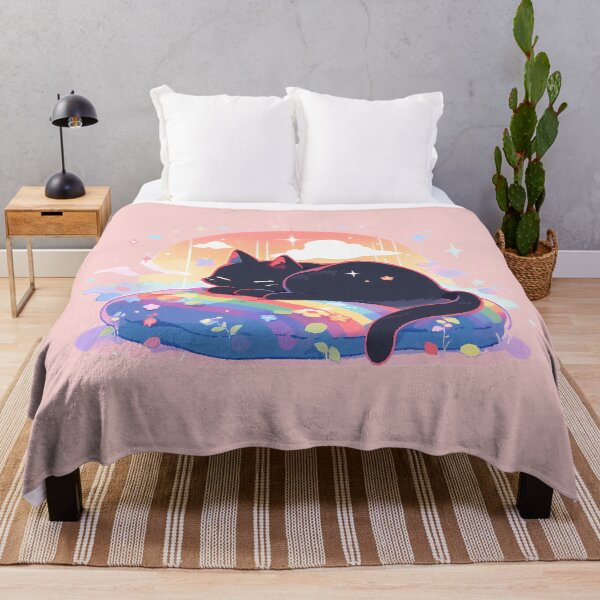 Item preview, Black cat sleeping on the rainbow pillow designed and sold by WoollenLlama.