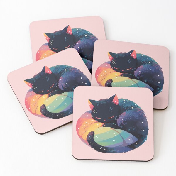Item preview, Black cat sleeping on the rainbow pillow designed and sold by WoollenLlama.