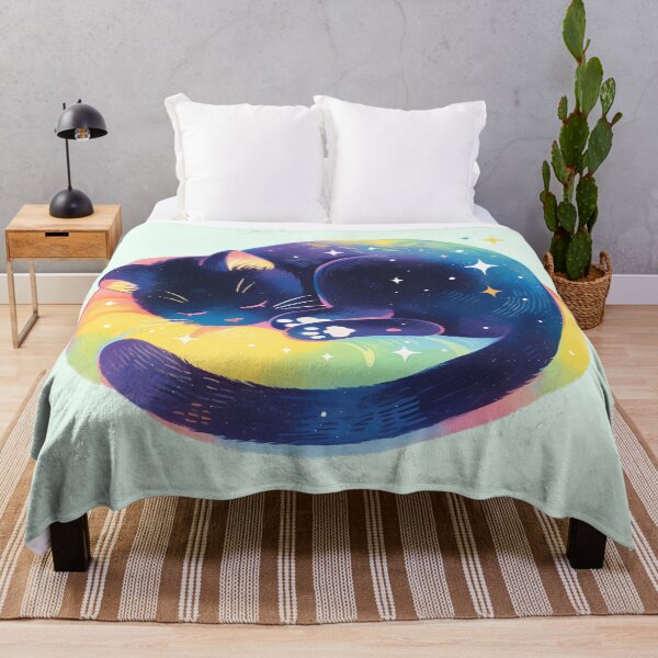 Item preview, Black cat sleeping on the rainbow pillow designed and sold by WoollenLlama.