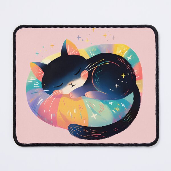 Item preview, Black cat sleeping on the rainbow pillow designed and sold by WoollenLlama.