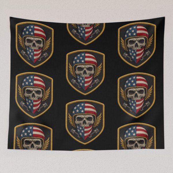 Aperçu de l'œuvre Écusson tactique crâne USA avec casque et bandana créée et vendue par LaNadaYFundante.