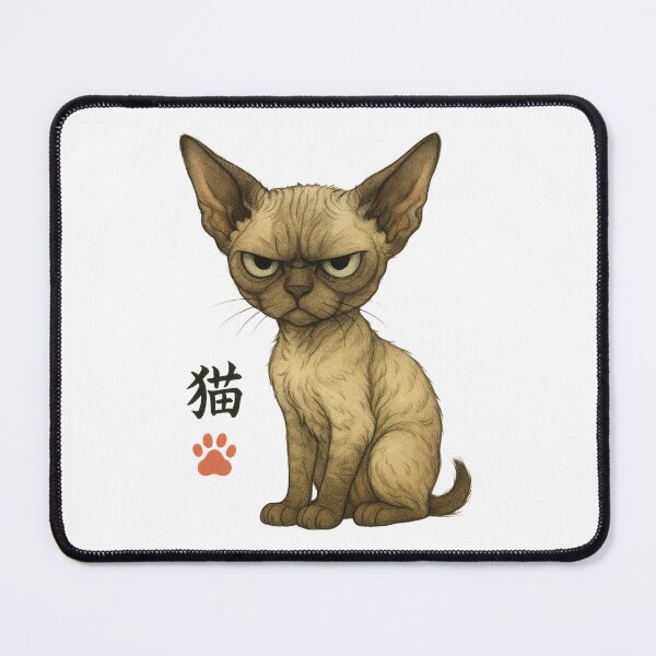 Item preview, Grumpy Devon Rex Cat | Kawaii Curly Feline Illustration with Kanji designed and sold by chimchu.