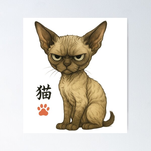 Item preview, Grumpy Devon Rex Cat | Kawaii Curly Feline Illustration with Kanji designed and sold by chimchu.